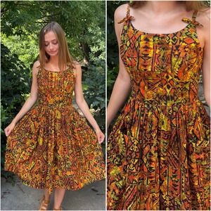 Vintage 1950s Cotton Hawaiian Sundress Tiki Batik 50s Pinup Retro Hawaii Small